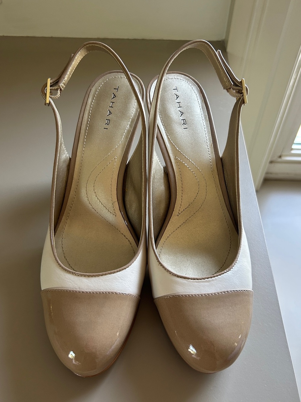 Tahari Two-Tone Nude & White Slingback Pumps